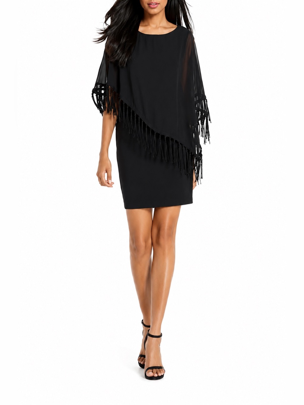 XSCAPE NWT Black Fringe Overlay Cocktail Dress Sheath Evening Women Size 10P